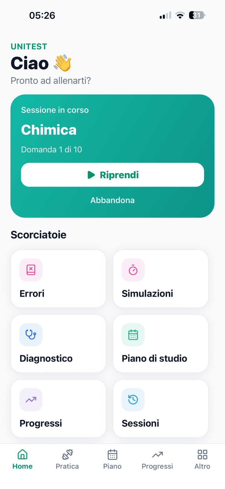 Schermata iniziale dell'app UniTest Pro con la sessione in corso e le scorciatoie (Diagnostico, Progressi, Simulazioni)