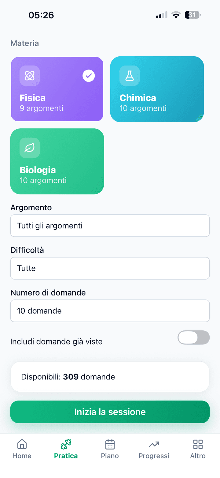 Schermata di pratica dell'app UniTest Pro: scelta della materia, dell'argomento e del numero di domande