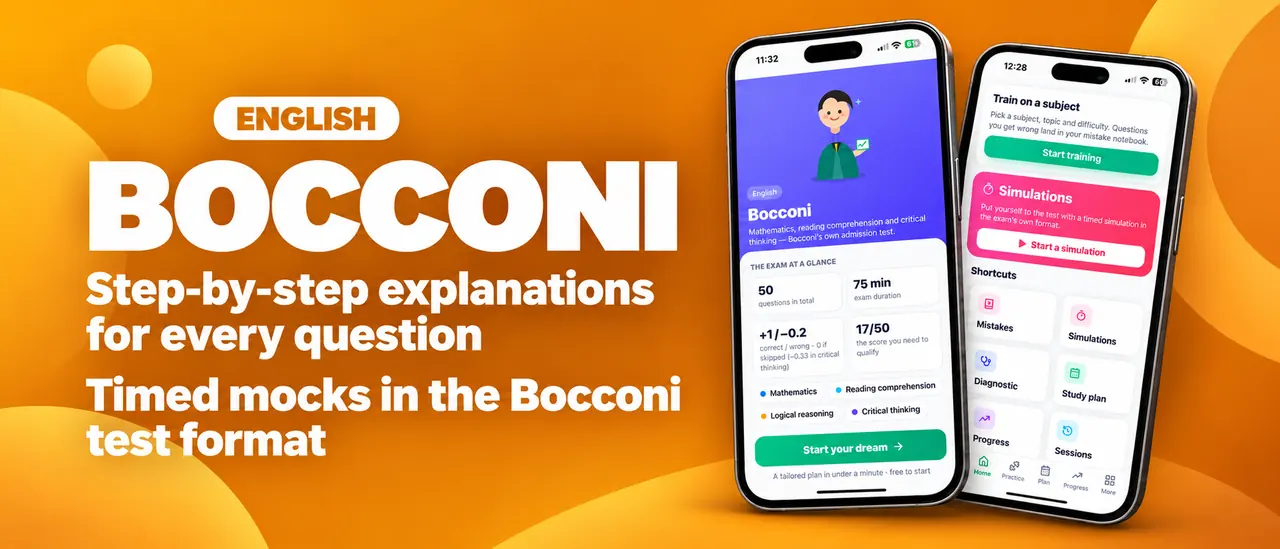 Bocconi, in English: step-by-step explanations for every question, timed mocks in the Bocconi test format