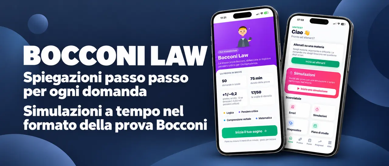 Bocconi Law: spiegazioni passo passo per ogni domanda, simulazioni a tempo nel formato della prova Bocconi