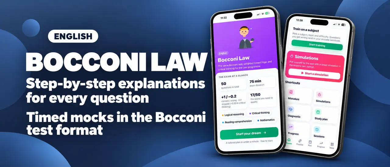 Bocconi Law, in English: step-by-step explanations for every question, timed mocks in the Bocconi test format