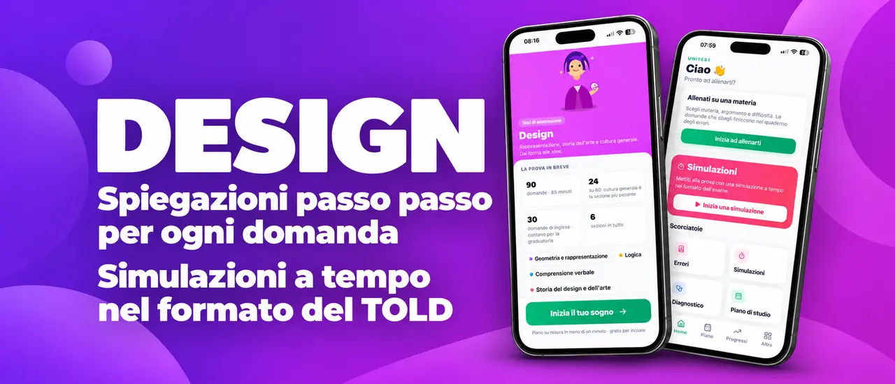 Design: spiegazioni passo passo per ogni domanda, simulazioni a tempo nel formato del TOLD