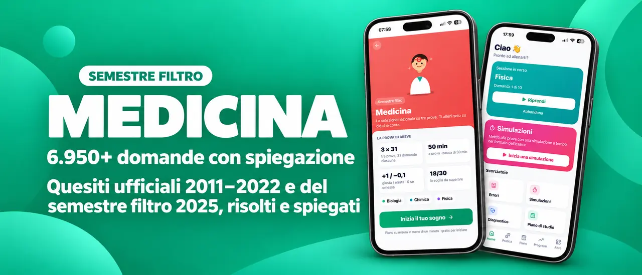Medicina, semestre filtro: 6.950+ domande con spiegazione, quesiti ufficiali 2011–2022 e del semestre filtro 2025 risolti e spiegati